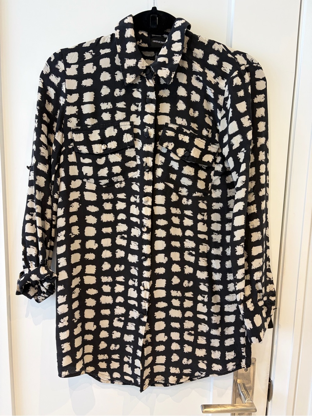 Central Park West Black and Cream Grid-Print Long Sleeve Shirt Dress